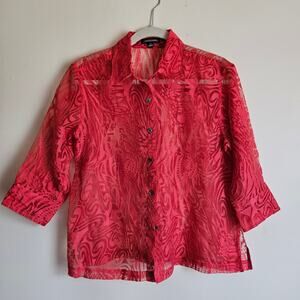 Beautiful Coral Red Notations Sheer Blouse, Linen Blend, Sz S